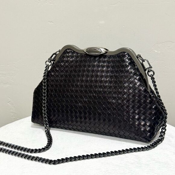 Genuine Woven Leather Handmade Custom Push Lock Metal Frame Handbag, Crossbody - Picture 1 of 14